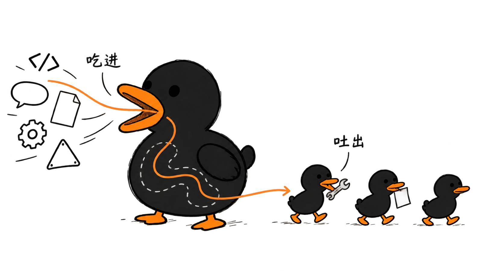 鸭子手绘插画：吞进乱东西，吐出小鸭子